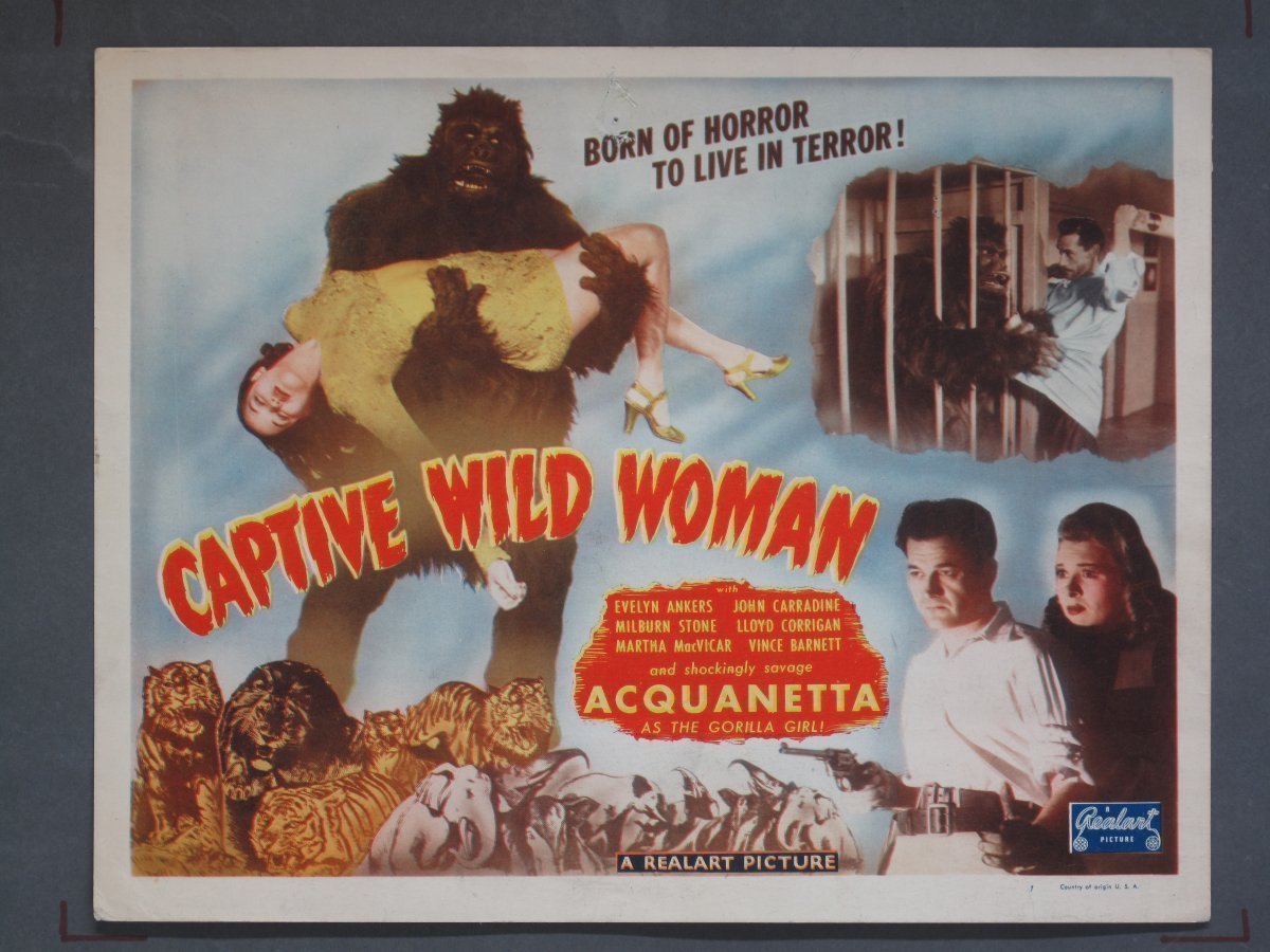 CAPTIVE WILD WOMAN (Realart) 1948R Title Card + Lobby Cards (2)
