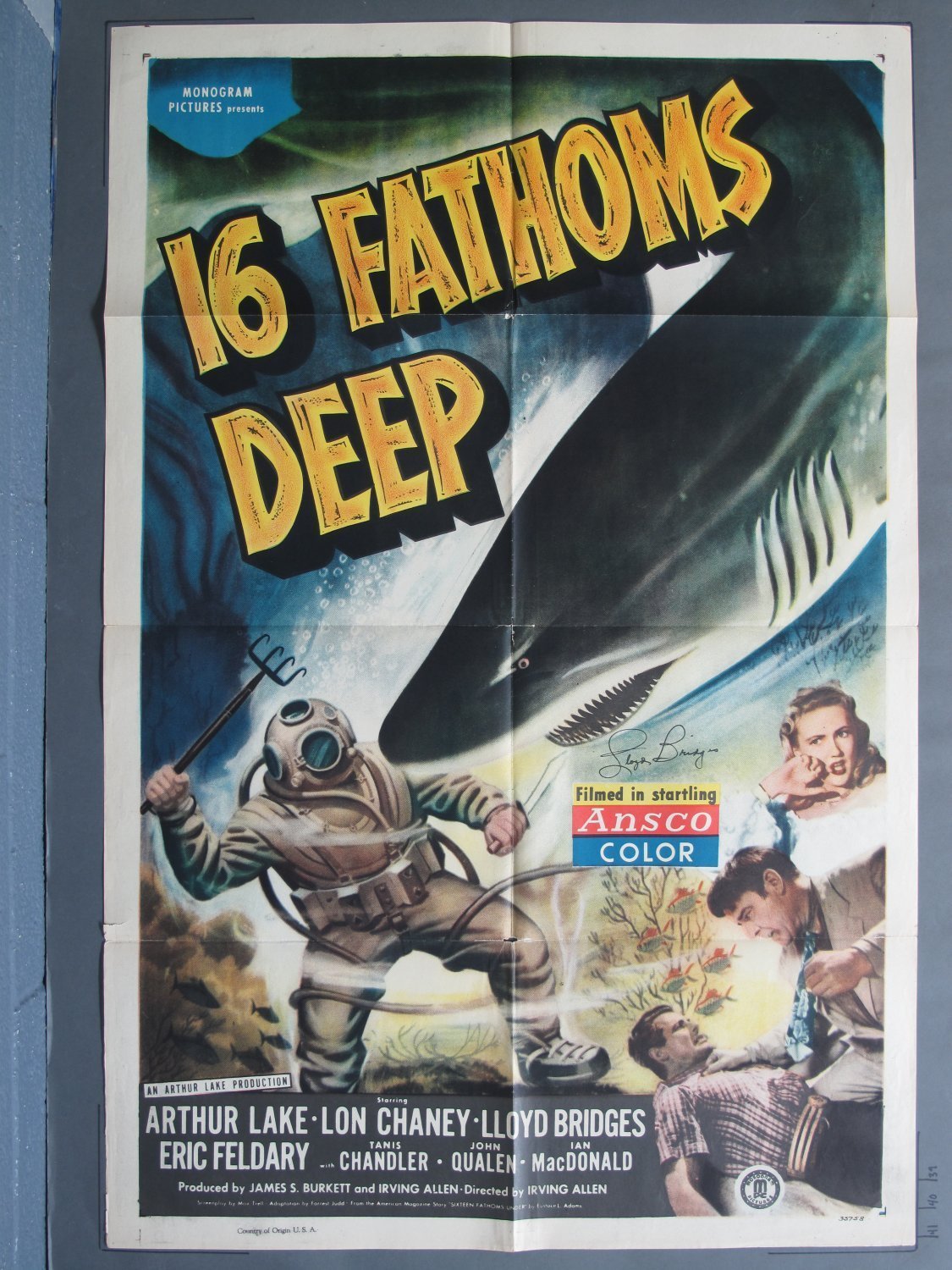 16 FATHOMS DEEP (Monogram) 1948 Autographed One-Sheet Poster
