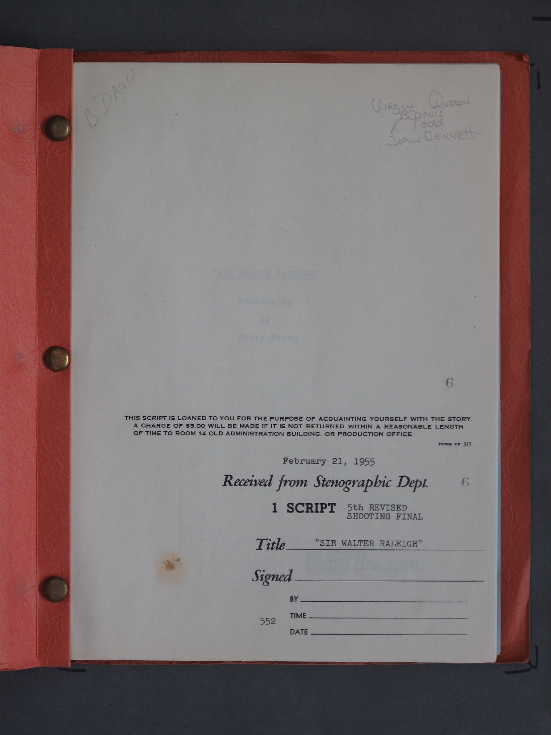 VIRGIN QUEEN (1955) Original Film Script - Image 2