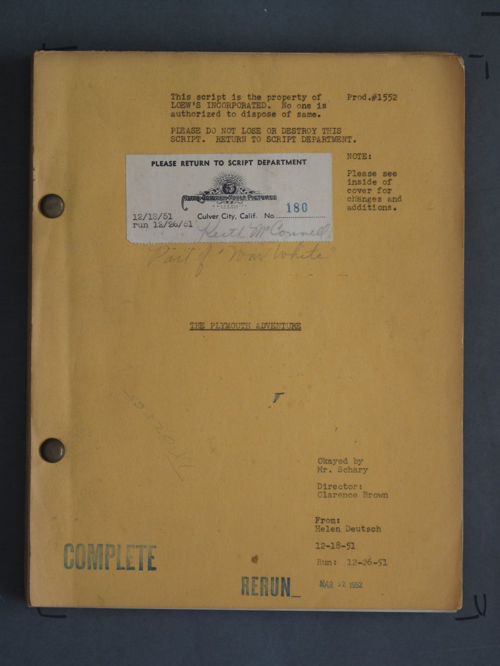 PLYMOUTH ADVENTURE (1952) Original Film Script